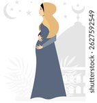 Vector people. Muslim woman in hijab. A pregnant woman stands near the mosque. Vector 