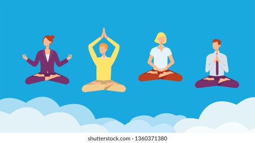 Vector people nirvana concept. Women, men in casual and corporate outfit sitting in lotus posture practicing yoga in sky. Concept of meditation, healthy lifestyle. Isolated illustration