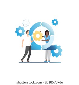 Vector people on background with gears and icon, a symbol of refresh with arrows in circle. Team, company configures, installs, updates systems. Toolbar. Backend.