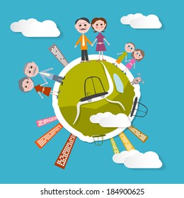 Vector People on Green Globe Illustration with Blue Sky Background