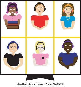 Vector of people on an online meeting. They could be students or coworkers. Quarantine, distant learning or working from home.