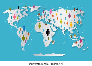 Vector People on Paper World Map - Social Media Connection Symbols 