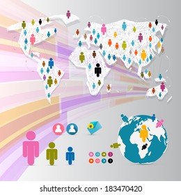 Vector People on Paper World Map - Social Media Connection Symbols - Infographics