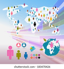 Vector People on Paper World Map - Social Media Connection Symbols - Infographics