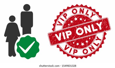 Vector for people only icon and grunge round stamp watermark with Vip Only phrase. Flat for people only icon is isolated on a white background. Vip Only stamp uses red color and grunge surface.