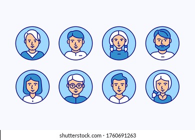 Vector people outline icons. Simple design of human faces for social media profile. Boy, girl, guy, mother, father, male, female signs