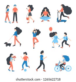 Vector  people at park performing leisure outdoor activities - playing with ball, walking dog, doing yoga and run, ride a bike,  children play, play football, walking. Cartoon characters isolated. 