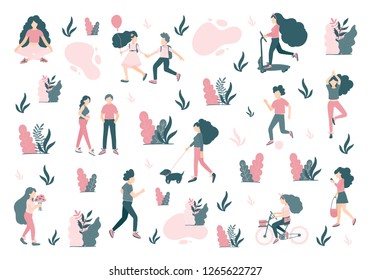 Vector  people at park performing leisure outdoor activities - playing with ball, walking dog, doing yoga and run, ride a bike,  children play, play football, walking. Cartoon characters isolated. 