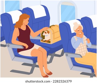 Vector people passengers of business class in airplane illustration. Elderly woman and young female travelling with dog in cage. Aircraft board interior. Inside plane