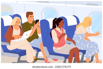 Vector people passengers sitting inside air plane illustration. Man and woman travel by airplane in economy class. Male and female working on laptop, chatting in social media on mobile phone, talking