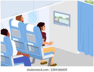 Vector people passengers watching movie on tv screen during flight illustration. In-flight entertainment concept. Inside plane, cabin of business or economy class