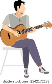 Pessoas vetoras. Tocando violão. Um músico masculino se senta e toca violão.  Ilustração vetorial