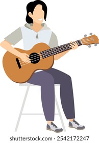 Vektormenschen. Akustische Gitarre spielen. Eine Gitarristin sitzt auf einem Stuhl und spielt Gitarre. Vektorgrafik 