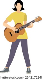 Pessoas vetoras. Tocando violão. Uma garota de camiseta fica e toca violão. Ilustração vetorial