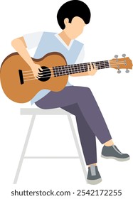 Gente de Vector. Tocando la guitarra acústica. Un hombre con una camiseta toca la guitarra mientras está sentado. Ilustración vectorial