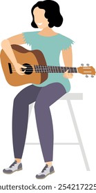 Pessoas vetoras. Tocando violão. Uma menina musicista senta e toca violão. Ilustração vetorial