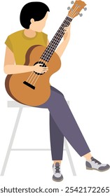 Pessoas vetoras. Tocando violão. Uma musicista senta e toca violão. Ilustração vetorial