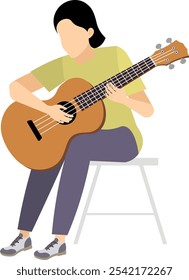 Pessoas vetoras. Tocando violão. Uma mulher se senta em uma cadeira e toca violão. Ilustração vetorial