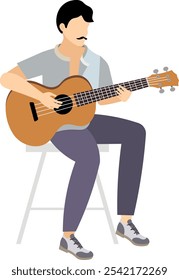 Vector people. Playing acoustic guitar. A man with a moustache sits and plays the guitar. Vector illustration