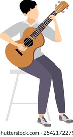 Pessoas vetoras. Tocando violão. O menino se senta e toca violão. Ilustração vetorial 