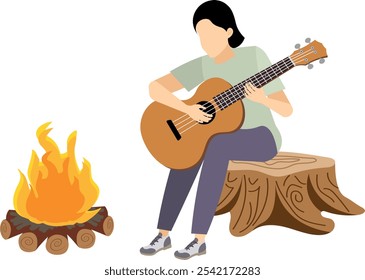 Pessoas vetoras. Tocando violão. A menina se senta perto do fogo e toca violão. Ilustração vetorial