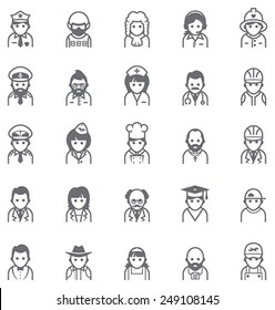 Vector People And Professions Icon Set. Different Faces And Clothes