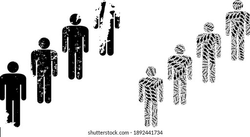 Vector people queue fractal is made from scattered recursive people queue pictograms. Rough people queue icon. Fractal mosaic from people queue.