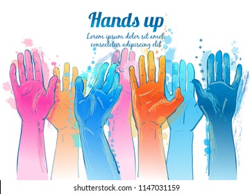 Vector people raising reaching hands up. Isolated watercolor illustration on white background.