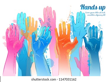 Vector people raising reaching hands up. Isolated watercolor illustration on white background.