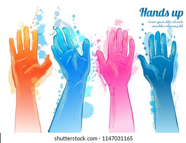Vector people raising reaching hands up. Isolated watercolor illustration on white background.