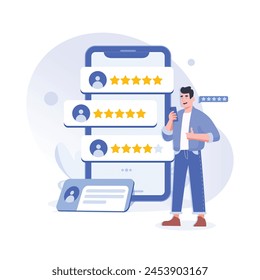 Vector people rating with five stars on mobile app