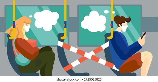 vector people riding in bus in the white medical mask, people in the distance, thinking people, covid -19 virus, isolation, lockdown