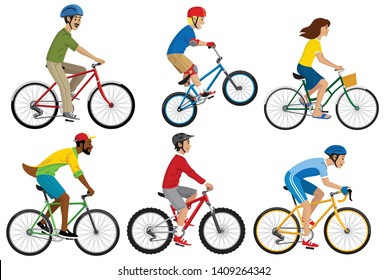 vector of people riding various of bicycle in set