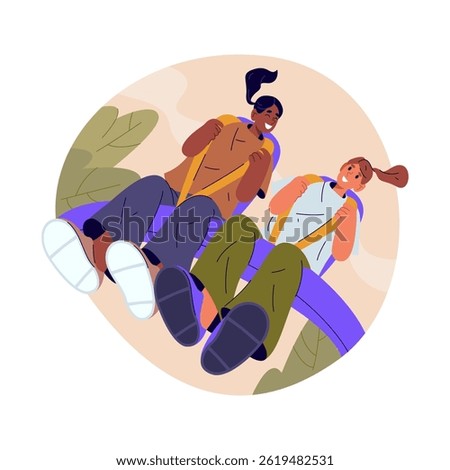 Vector people at roller coaster seat. Amusement park carousel or entertainment outdoor attraction for holiday adventure. Carnival recreation or festive action. Excitement and speed track. Fast motion.