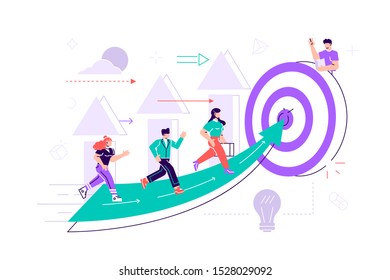 Vector. People run to their goal on the column of columns, move up motivation, the path to the target's achievement. Flat style vector illustration for web page, social media, documents, cards,posters