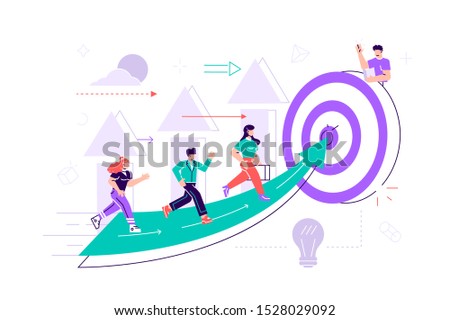 Vector. People run to their goal on the column of columns, move up motivation, the path to the target's achievement. Flat style vector illustration for web page, social media, documents, cards,posters