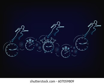 vector of people running on clocks, stopwatches, alarms & gearwheels (mesh background) concept of time management