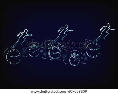 vector of people running on clocks, stopwatches, alarms & gearwheels (mesh background) concept of time management