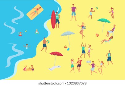 Vector people at seaside beach concept. Male, female characters, adults and kids having fun playing volleyball, building sand castles, surfing, swimming in sea with inflatable rings, dancing