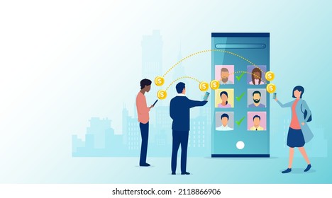 Vector of people sending and receiving money with their mobile phones, using online banking app