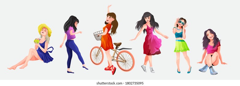 Vector People Set with Beautiful Girls and Women. Office Girl and a Housewife. Dance girl, girl is sitting, resting, walking, thinking, smiling. Isolated vector illustration in cartoon style