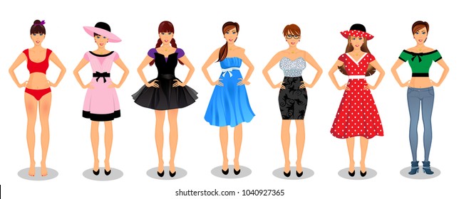 Vector people set collection with beautiful young full-length women characters in different wardrobe clothes: dress, jeans, skirt, underwear, suit, hat isolated on white background. Fashioned girls.