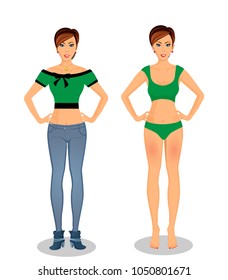 Vector people set collection with beautiful young woman cartoon character in different wardrobe clothes: girl in  green underwear bikini and girl wearing  blue jeans isolated on white background.