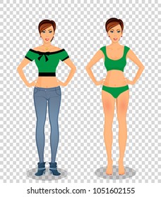 Vector people set collection with beautiful young woman cartoon character in different wardrobe clothes: girl in  green underwear bikini and girl wearing jeans    isolated on transparent background.