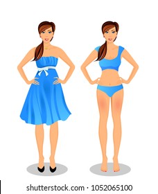 Vector people set collection with beautiful young woman cartoon character in different wardrobe clothes, girl in blue underwear bikini and girl wearing dress isolated on white background.