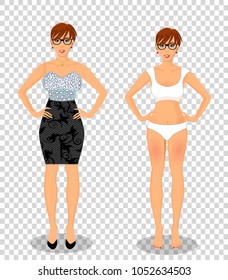 Vector people set with cute young woman cartoon character with brown shor hair style in different wardrobe clothes, girl in white underwear bikini and lady wearing dress on transparent background.