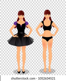 Vector people set with cute young woman cartoon character with braided plaits in different wardrobe clothes. Girl in black underwear bikini and girl wearing short dress on transparent background.