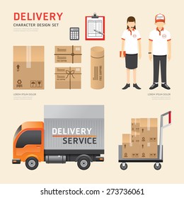 Vector people set  delivery service job character icons flat style with objects. design layout set of corporate identity mock up template. illustration women, men in uniform. graphic for infographic.