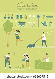 Vector people set, garden, botanica, green plants, plantting 