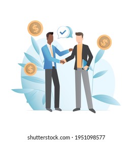 Vector people shake hands with international cooperation in office. Successful businessmen in suits at meeting made good deal, signed monetary agreement. Working with rich client.